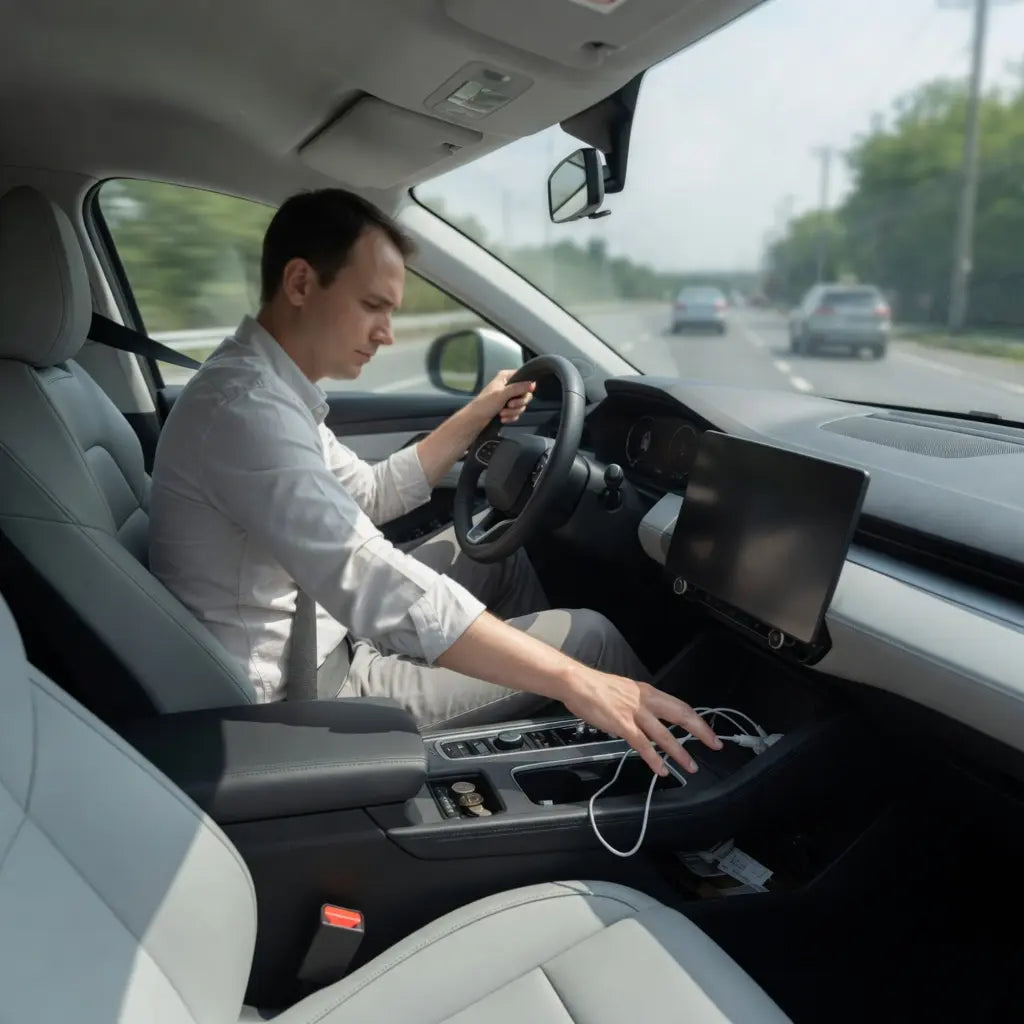 Person using a smartphone while sitting in a self-driving car with a screen displaying driving information.