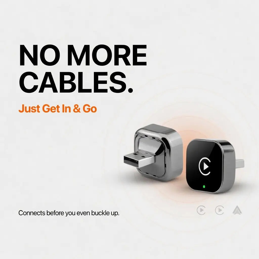 Wireless earbud devices with text 'No More Cables' tangled USB cables car cupholder messy iPhone Android charging